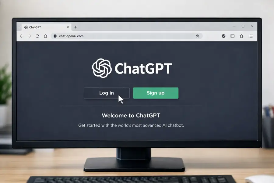 Browser window showing ChatGPT open with the login button visible but unresponsive