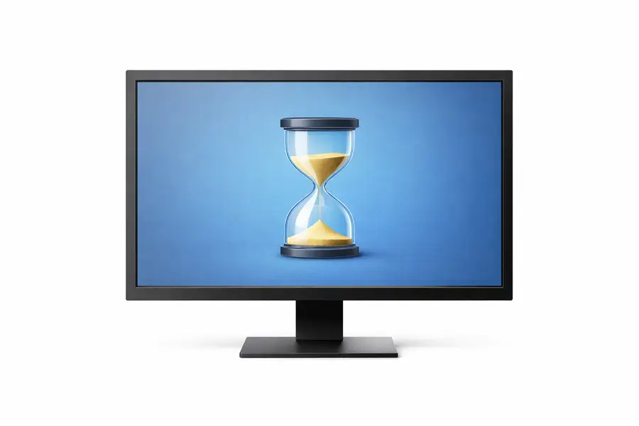 Computer monitor showing an hourglass indicating slow performance