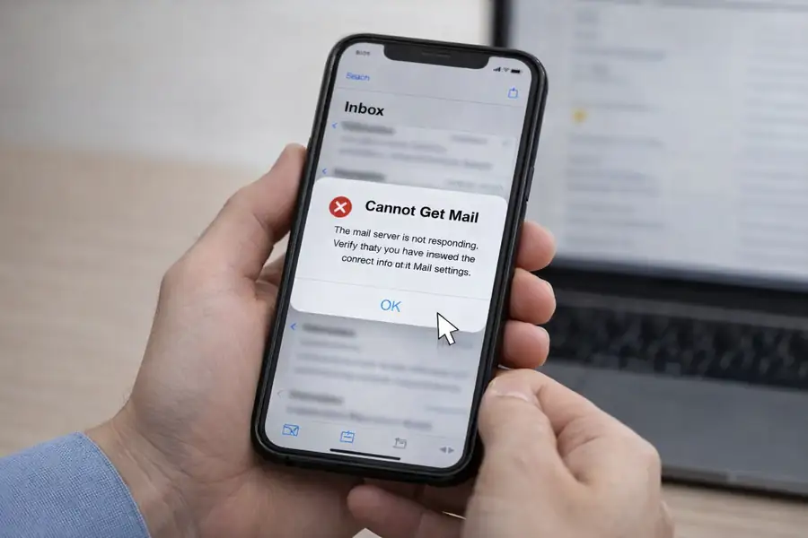 Smartphone showing an email error message stating the mail server is not responding