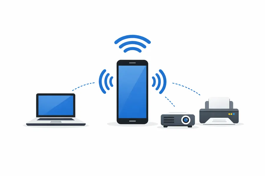 Diagram showing a mobile phone sharing internet with a laptop, projector and printer