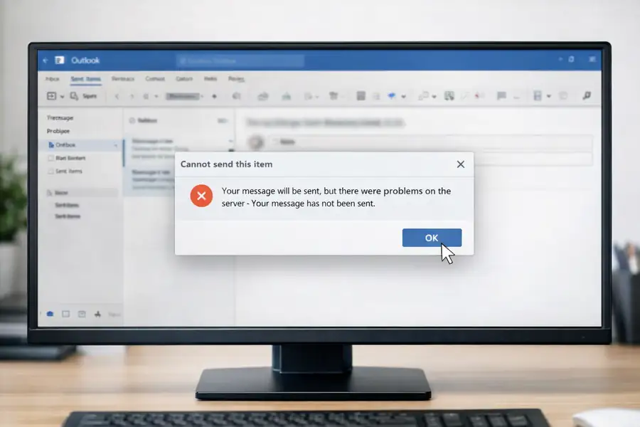 Outlook desktop showing an error message indicating an email could not be sent