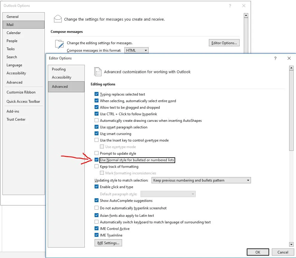 Outlook Editor Options showing the Use Normal style for bulleted or numbered lists setting