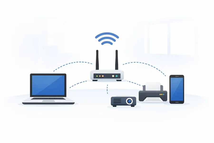 Diagram showing a Wi-Fi router sharing internet with a laptop, projector, printer and mobile phone.