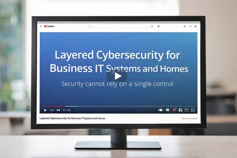 Layered cybersecurity video paused on desktop screen