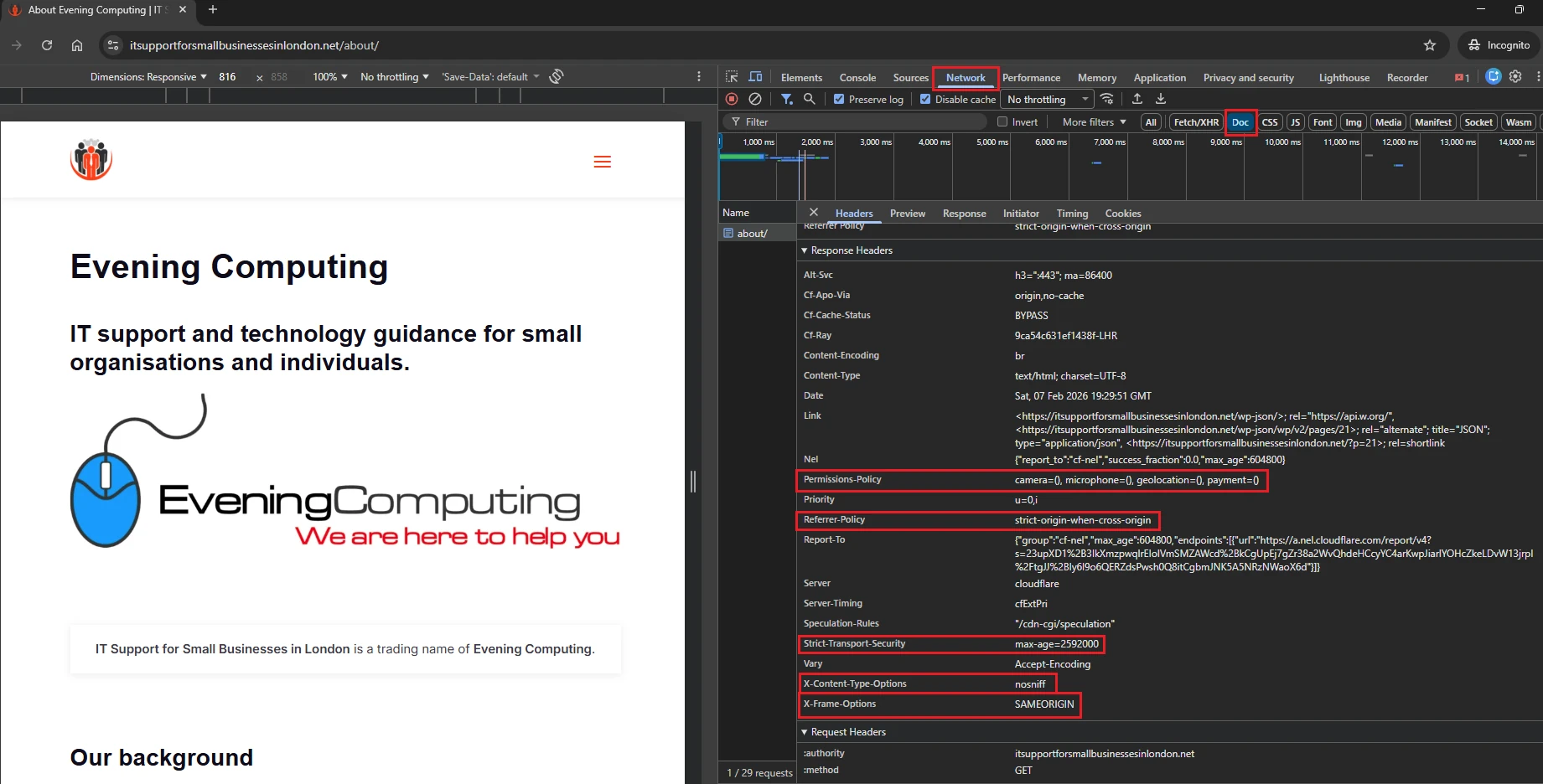 Chrome DevTools Network tab showing X-Frame-Options, X-Content-Type-Options, Referrer-Policy, Permissions-Policy and Strict-Transport-Security headers enabled