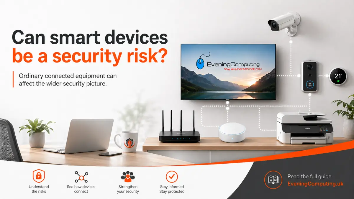 Promotional graphic showing connected smart devices such as a router, screen, camera and printer in an office setting.