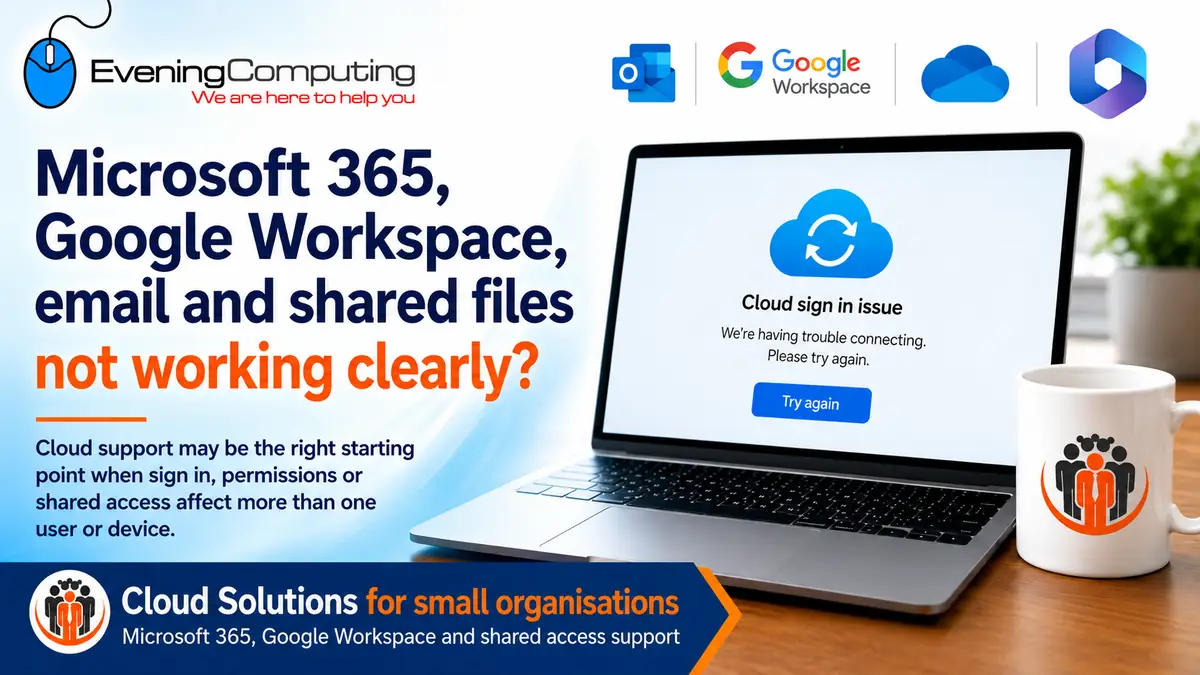 Laptop showing a cloud sign in issue with Microsoft 365, Google Workspace and shared access support shown in the image.