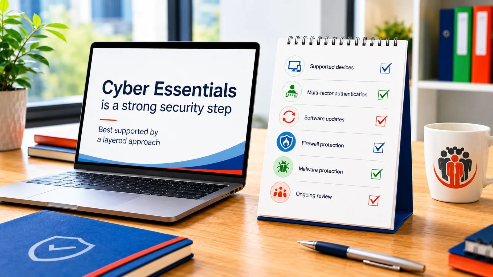 Cyber Essentials checklist on a desk showing security controls such as MFA, updates, supported devices and ongoing review.