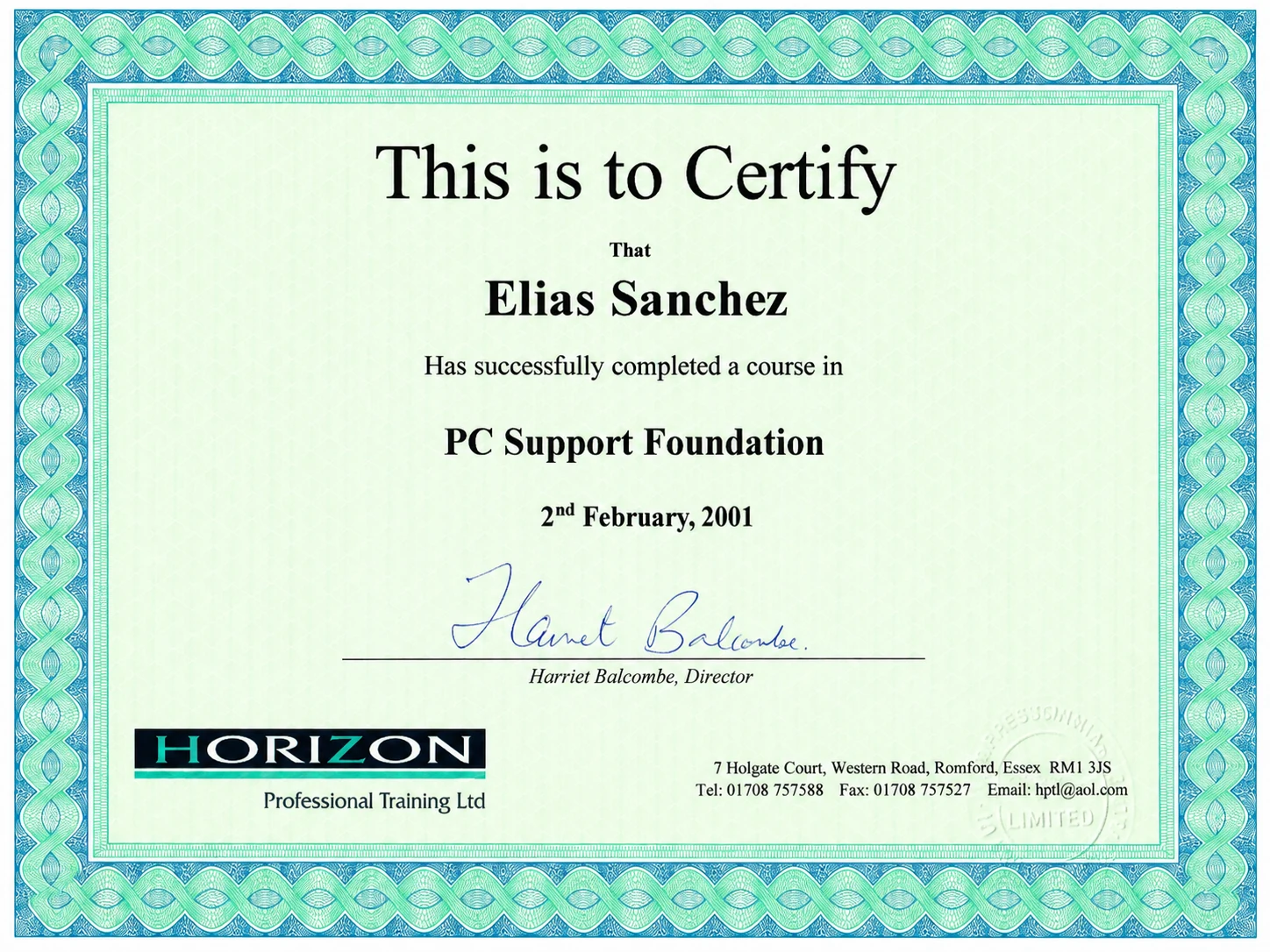 PC Support Foundation certificate awarded to Elias Sanchez in February 2001